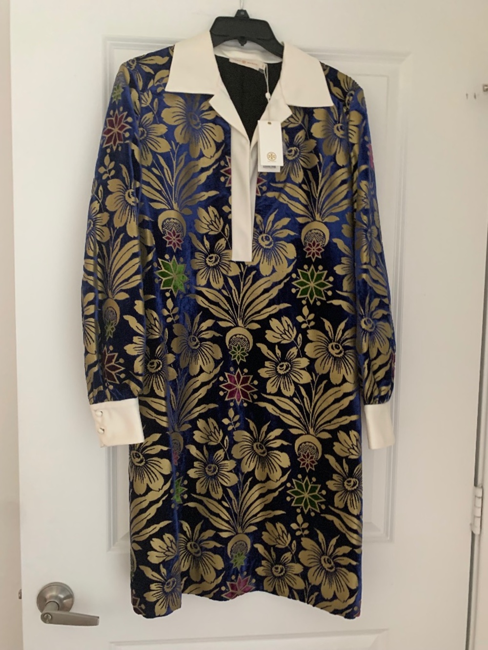Tory Burch Thelma Cosmic Floral Foiled Velvet Dress NWT Blue Gold Collared Sz10